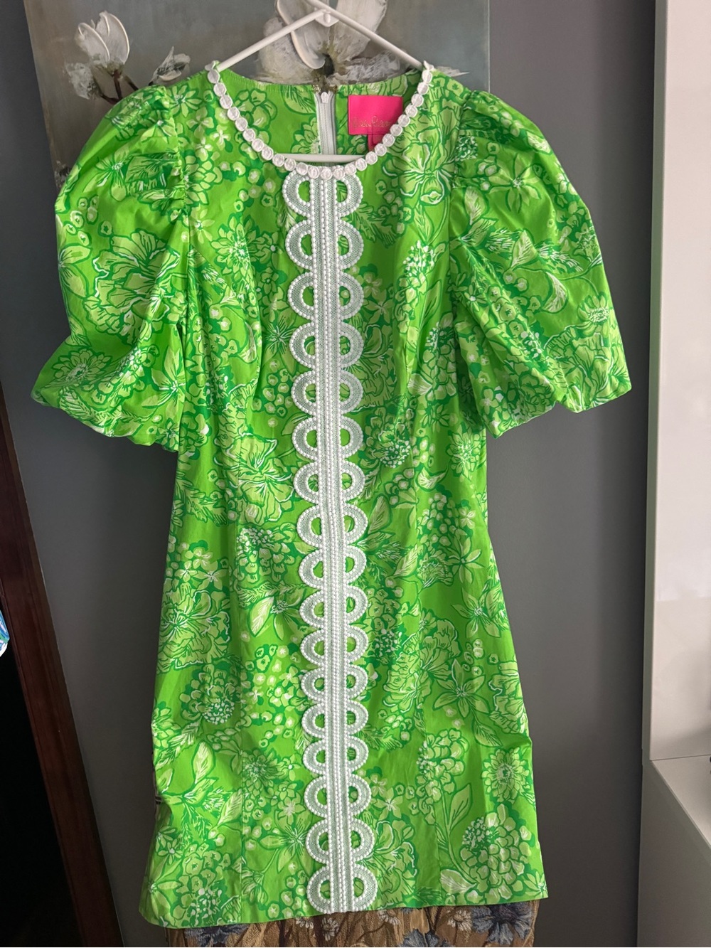 NWOT Lilly Pulitzer 10 Alyce Shift Dress Limeade Green White trim Puff sleeve